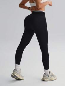 Seamluxe SHEIN Sport Quần legging thể thao yoga không đường may/Thiết kế đáy quần/Cạp cao ôm bụng/Họa tiết sọc dọc/Thời trang gợi cảm/Đa năng/Thoải mái/Tập luyện thể dục/Chạy bộ ngoài trời - màu đen - Xem 2