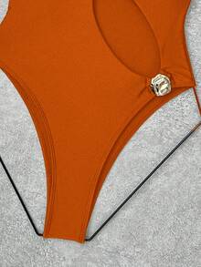 Bonvoyette Solid Color Hollow Out Asymmetric Metal Decor Swimsuit, One-Piece, Suitable For Beach Vacation - Orange - View 5
