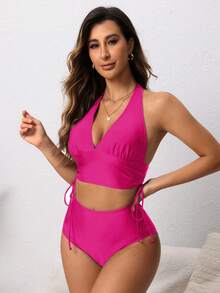 Swim Lushoire Versatile Adjustable Drawstring Women Swimwear Set - Hot Pink - View 3