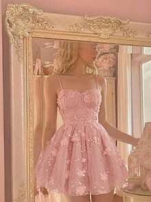 SHEIN MOD Vestido mini de fiesta rosa con pliegues y diseño floral 3D - Rosa - Ver 4