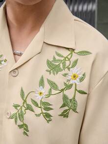 Whitmere Men's Apricot Botanical Short Sleeve Polyester Shirt, Casual, Button Front, Embroidered, Spring/Fall/Summer, Button Down Shirt, Lightweight Gift For Father/ Husband - Apricot - View 5