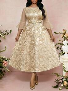 Fleurora Robe élégante en jacquard contrasté avec maille, grande taille, automne - Kaki - Voir 3