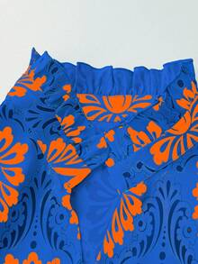 Franclia 大码女式度假泡泡袖V领休闲印花衬衫，春夏款 - 彩色 - 查看 5