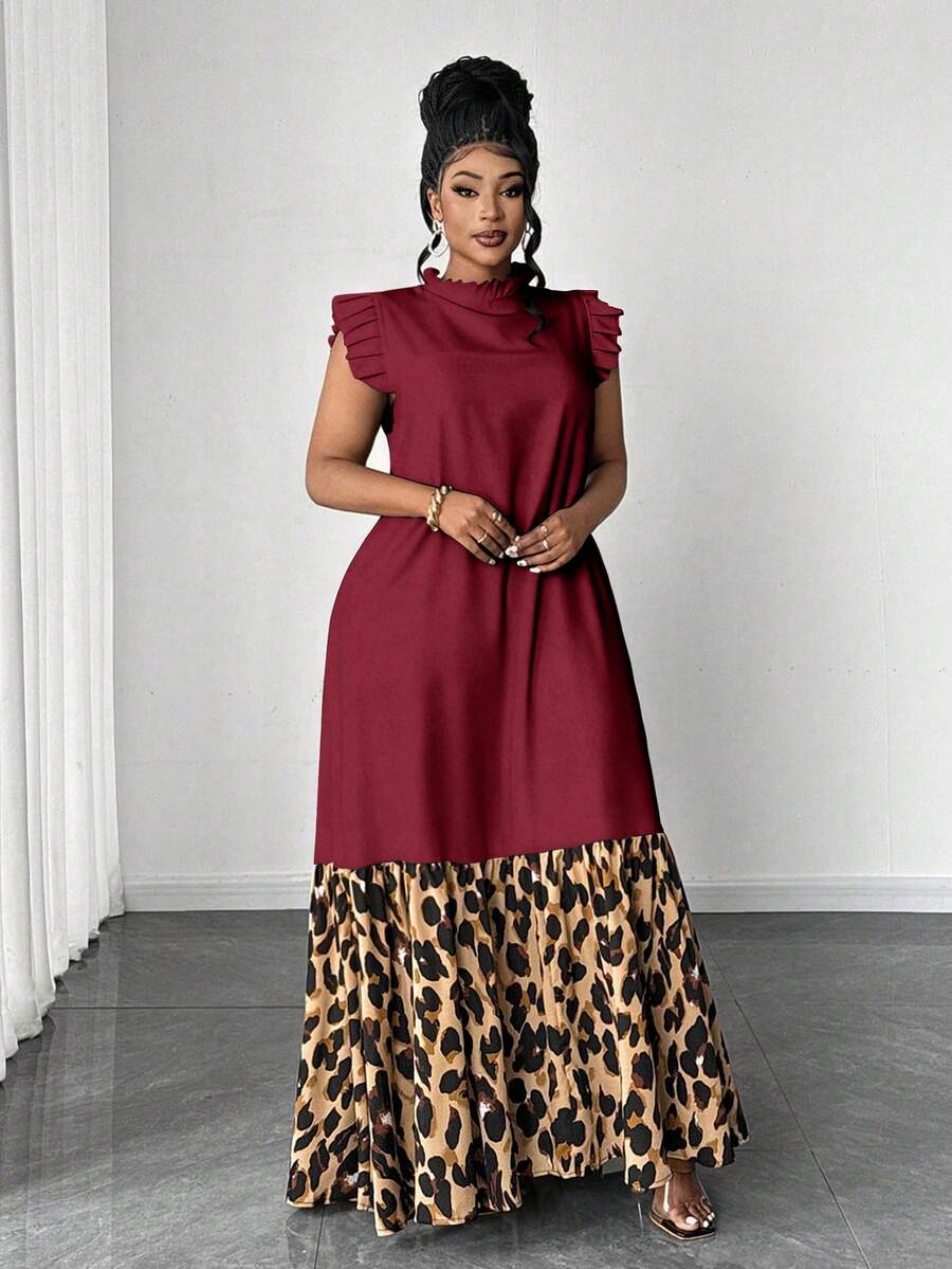 Maweii Plus Size Women Elegant Vintage Lace Patchwork Sleeveless Dress - Burgundy - View 1