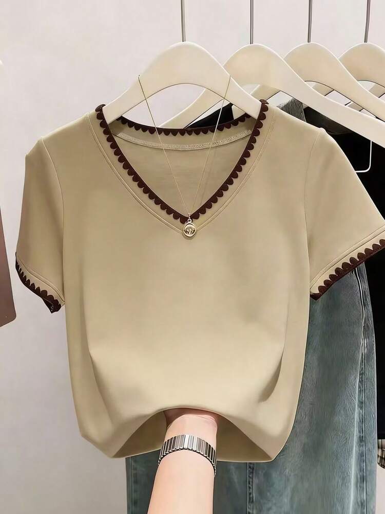 Resyla Camiseta de manga corta con cuello en V y ribete de contraste para uso diario, casual, de vacaciones para mujeres, verano - Caqui - Añade 1