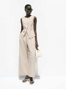 Lumivelle Bộ đồ nữ gồm áo không tay pha vải lanh và quần ống rộng thoải mái, thích hợp cho mùa xuân/hè. - Màu be - Xem 8