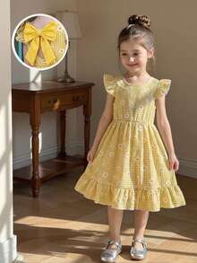 SHEIN Elladie kids 少女优雅格子碎花圆领喇叭袖露背蝴蝶结腰部荷叶边下摆休闲连衣裙，适合日常穿着、度假、乡村风格 - 黃色 - 查看 2