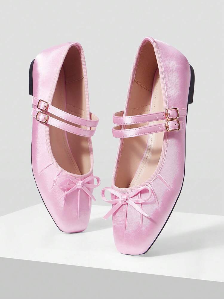 WOMEN'S ELEGANT MINIMALIST COMMUTING SOLID COLOR BOW DECOR DOUBLE BUCKLE STRAPS BALLET FLATS SHOES FOR CHRISTMAS VALENTINE'S DAY