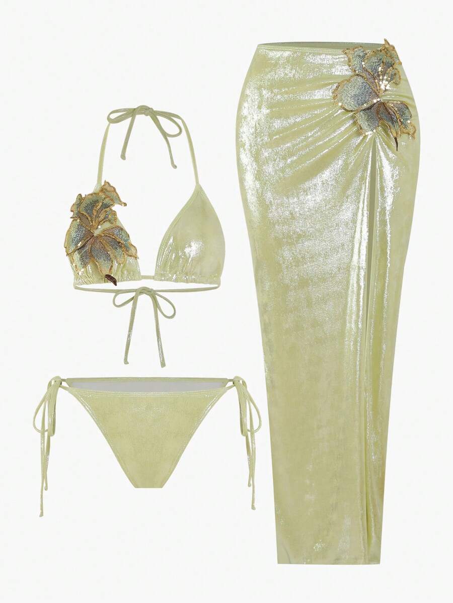 Swim Oasis 3pcs/Set Summer New Shiny Fabric Sequin Embroidery Floral Triangle Bikini Push Up Swimwear For Women - Green - View 1