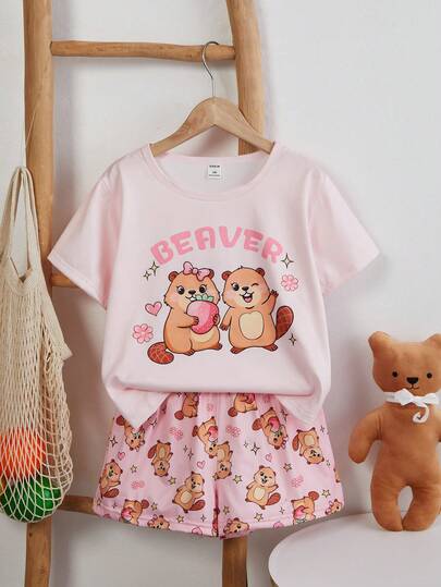 女童可爱水獭印花短袖短裤睡衣套装，牛奶丝面料