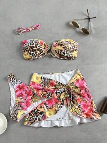 Swim Vcay 女士三件套泳衣：抹胸上衣、时尚褶皱侧裙、亮面面料、时尚度假装 - 彩色 - 查看 3