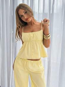 Siren Gaze Bộ áo hai dây và quần dài kẻ sọc mùa hè năng động - Màu vàng - Xem 3