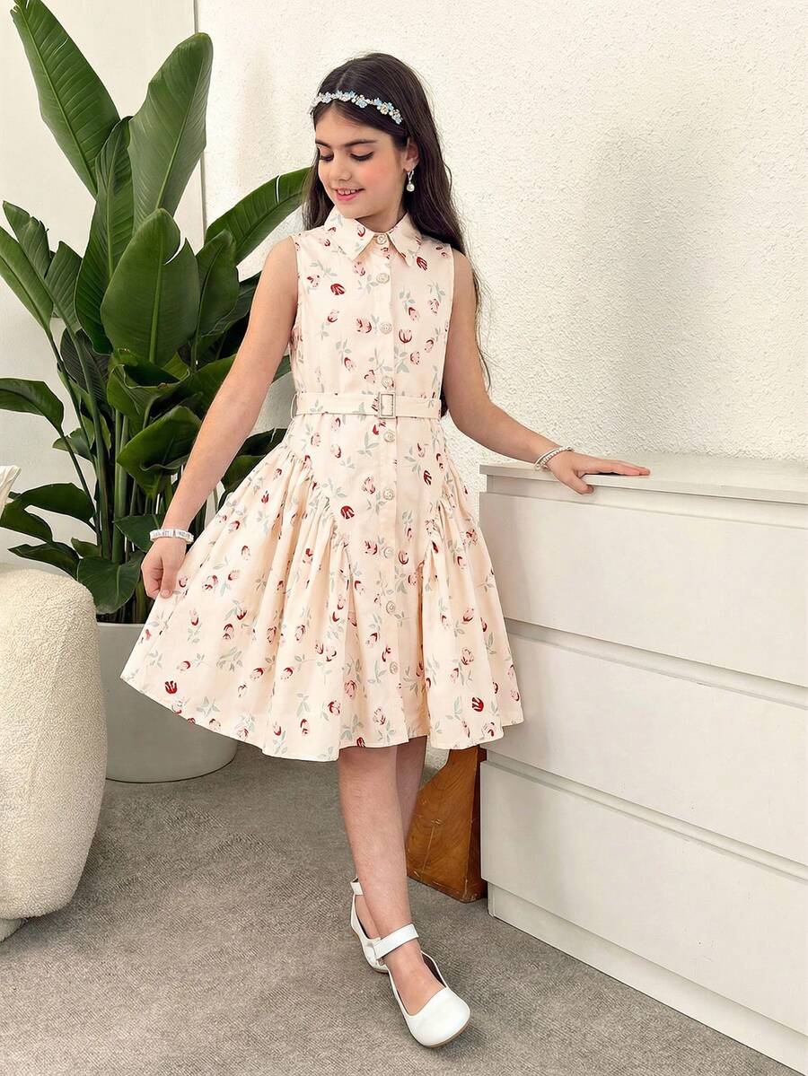 Firerie Kids Áo sơ mi cổ bẻ in họa tiết màu xanh trắng ôm dáng, thời trang thường ngày cho bé gái tuổi teen, phối vạt áo. - Nhiều màu - Xem 1