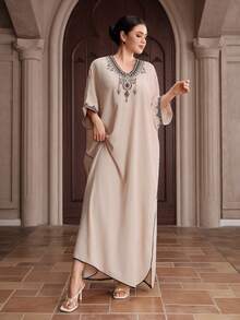 Graceveil Đầm nữ cổ chữ V dáng rộng thanh lịch xẻ tà cho mùa hè - Màu be - Xem 2