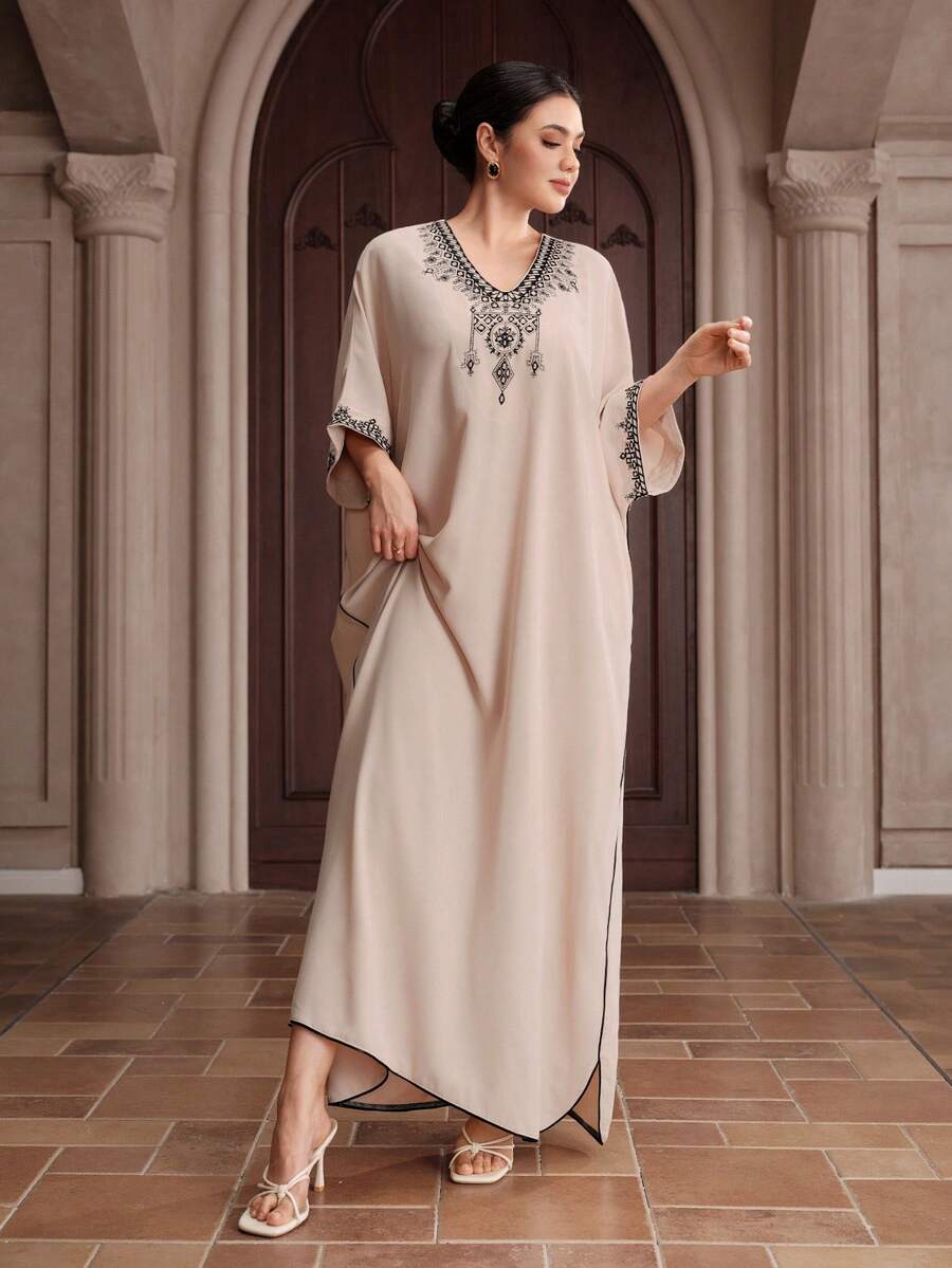 Graceveil Đầm nữ cổ chữ V dáng rộng thanh lịch xẻ tà cho mùa hè - Màu be - Xem 1