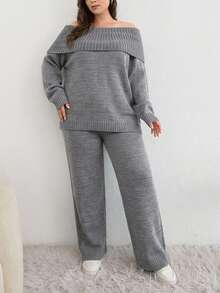 Plus Size Solid Foldover Off Shoulder Sweater & Knit Pants Set - Light Grey - View 1