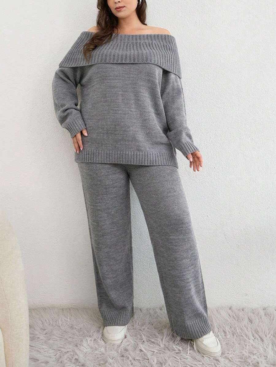 Plus Size Solid Foldover Off Shoulder Sweater & Knit Pants Set - Light Grey - View 1
