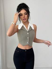 SHEIN Clasi Elegant Contrast Color Splicing Metal Single-Breasted Sleeveless Short Women Blazer - Multicolor - View 5
