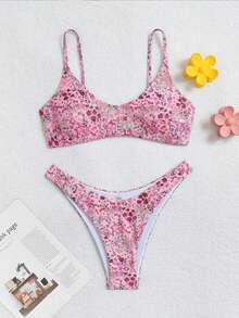 Swim Mod 2件套女士彩色随机印花可爱夏季沙滩度假比基尼套装，粉色碎花比基尼，女士沙滩装，度假装，碎花比基尼，沙滩装，两件套泳装 - 粉色 - 查看 2