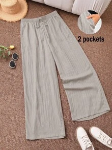 CosyJoli Plus Size Women's New Spring Summer Business Casual Woman Beach Outfits For Woman Valentine Day Style Fashion Commuting Elegant Purple Lotus Root Pink Wide-Leg Trousers, Pocket Trousers.Pants Beach Vacation Outfits Lavender College Students Outfit Valentines Clothes Cruise Outfits Women Summer Pants Baggy - Light Grey - View 4