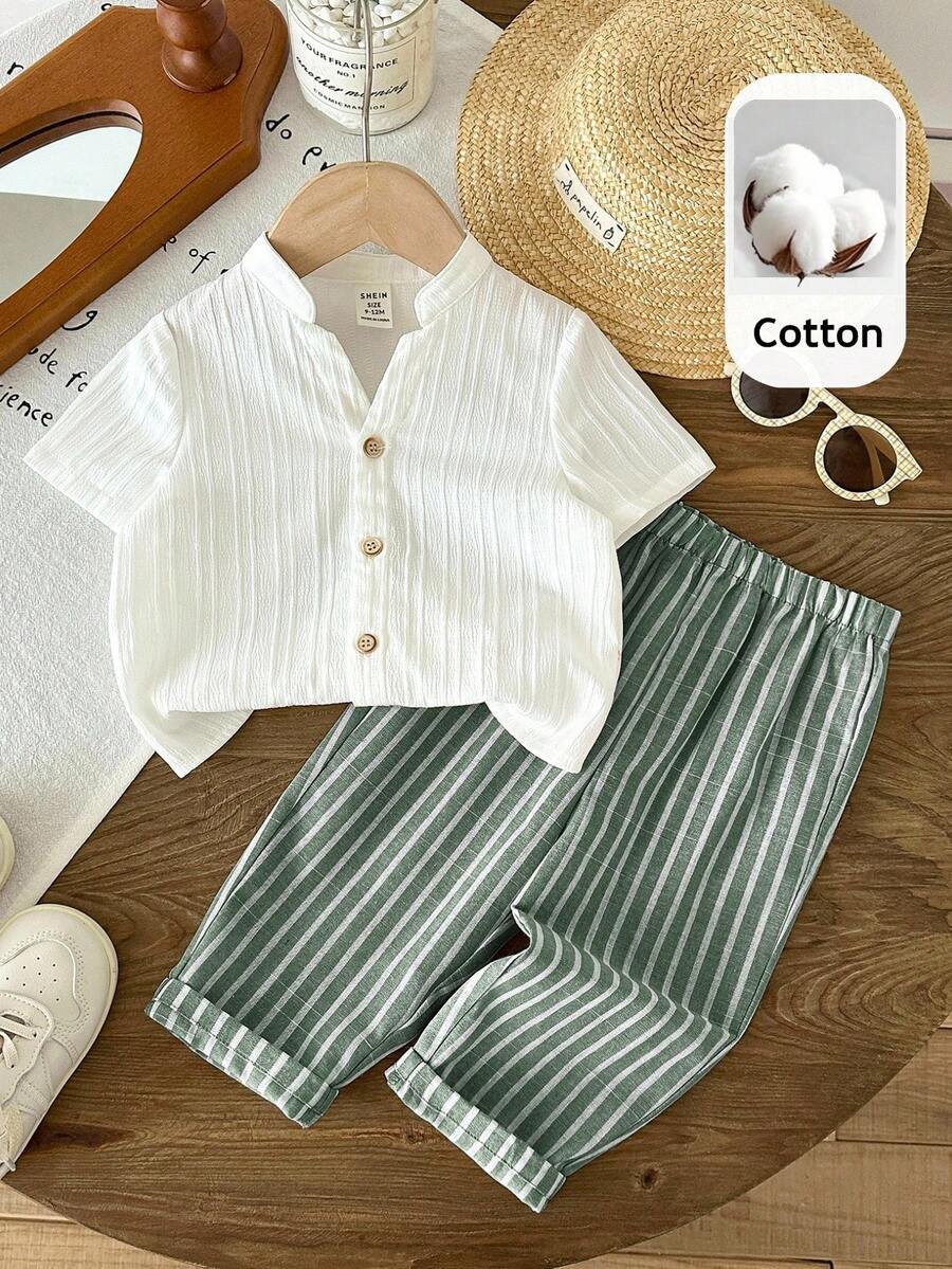 LMoss Kids Bộ 2 món áo sơ mi cổ bẻ màu trơn cho bé trai (áo sơ mi có cổ và quần) - màu xanh lá - Xem 1