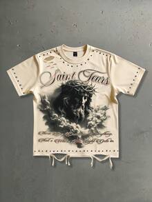 ROMWE MEN Street Life Men's Street Style Jesus Print Short Sleeve T-Shirt - Apricot - View 1