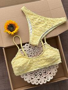 Swim Mod Bộ 2 món đồ bơi bikini mùa hè cho nữ, màu vàng, chất liệu dệt kim raffia, kiểu jacquard, gồm áo hai dây và quần bikini cạp cao. - Nhiều màu - Xem 3