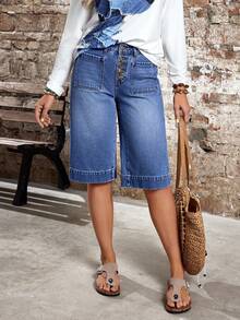 EMERY ROSE Plus Size Women's Button Front Dual Pocket Casual Denim Shorts - Blue - View 8