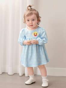 BABY SHARK X SHEIN Đầm tay phồng in hình cá mập dễ thương, kiểu dáng thường ngày cho bé gái mùa xuân. - Màu xanh lam - Xem 3