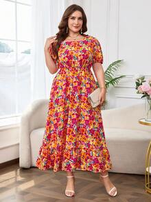Reflora 大码女式夏季浪漫优雅度假风全身印花方领泡泡袖收腰中长连衣裙 - 橘色 - 查看 5