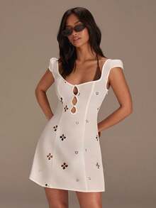 Athîral Women's Hollow Out Embroidery Cap Sleeve Mini Dress, Vacation Style - White - View 3