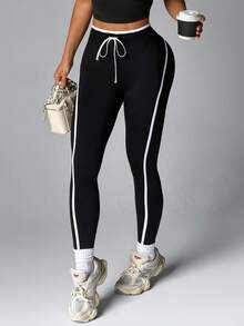 With My Calm Quần legging thể thao yoga không đường may/Sọc tương phản bên hông/Kiểu dáng ôm sát/Yoga thể dục/Thể thao ngoài trời/Chạy bộ/Đạp xe/ - màu đen - Xem 1