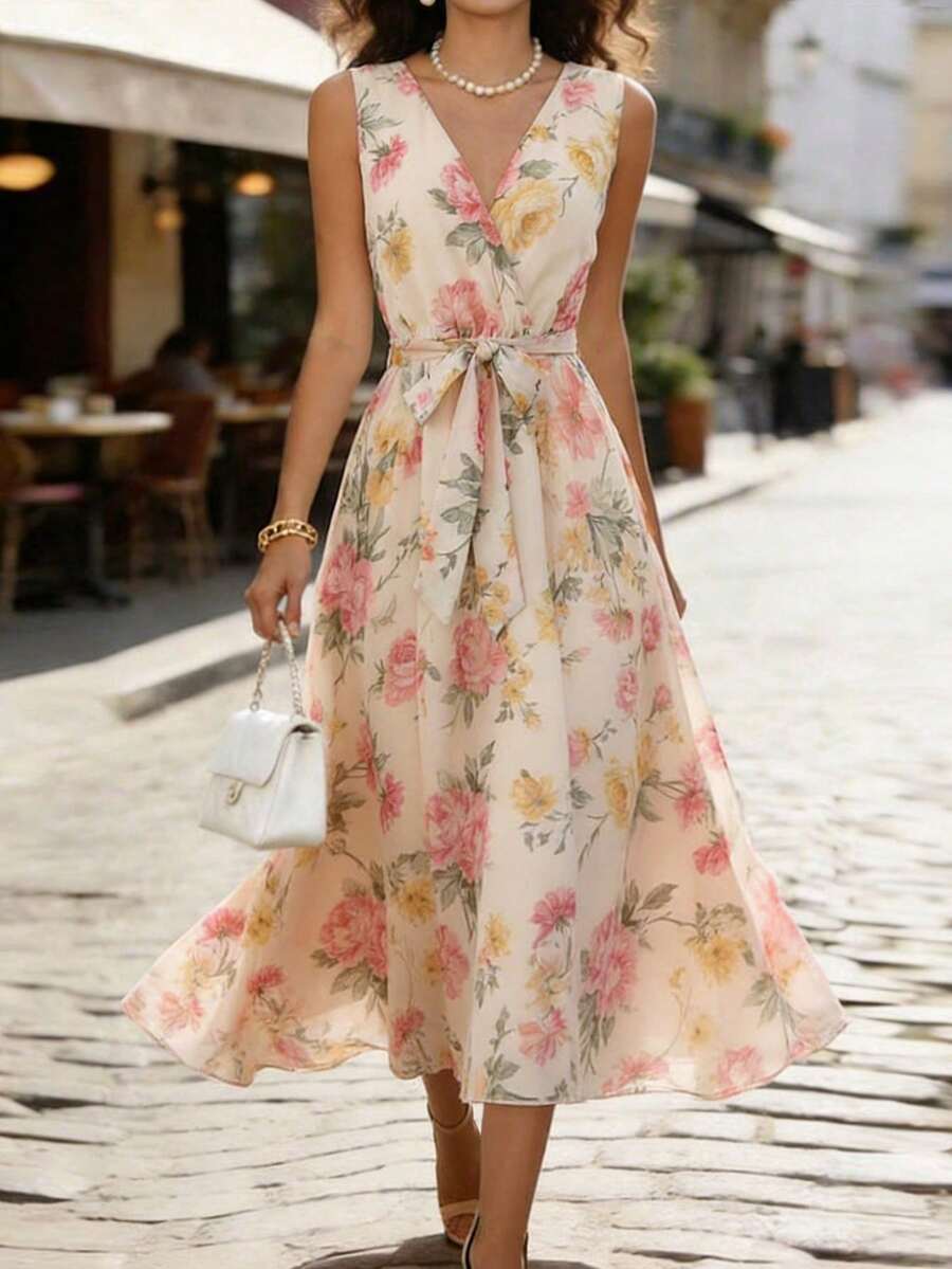 EMERY ROSE 女士优雅印花中长连衣裙,适合夏季度假 - 彩色 - 查看 1