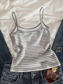 Teen GirlStriped Minimalist Casual Camisole - Grey - View 2