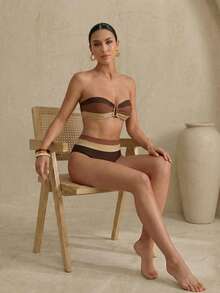 Anewsta Maiô Bikini Feminino Sexy com parte superior faixa colorida e bottom combinando, Conjunto de Maiô Bikini Maiô para Férias de Verão na Praia - Multicolorido - Visão 2
