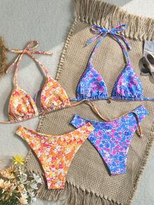Swim Mod 2026 Spring/Summer 4pcs/Set Ditsy Floral Halter Bikini Set - Multicolor - View 2