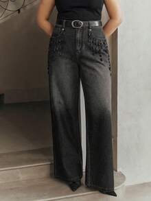 Anewsta 大码女式串珠宽松口袋阔腿牛仔裤 - 黑色 - 查看 1