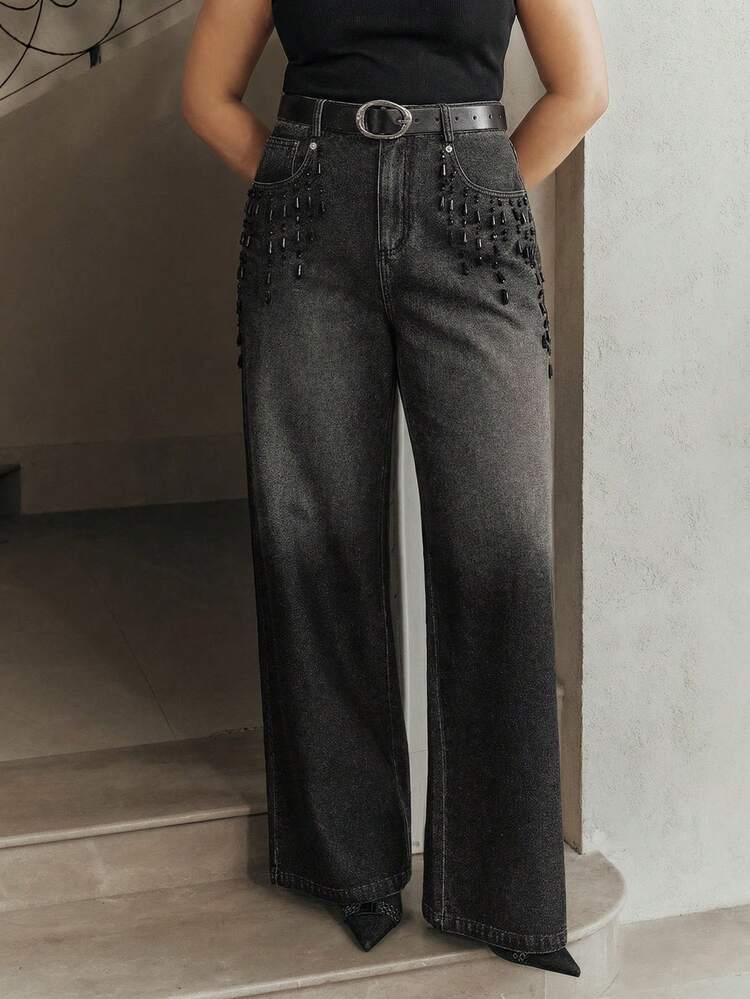 プラスサイズ レディース ビーズ付き ルーズポケット ワイドレッグジーンズ