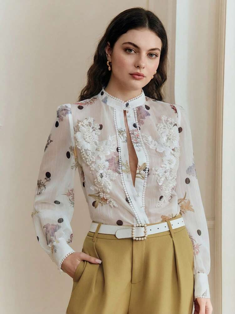 Elegant Summer White Blouse With Exquisite Pearl Floral Decor, Mandarin Collar, Polka Dot Print, Long Sleeve French Style Blouse New Arrival Blouse Elegant Shirts For Women Latest Tops For Women New Arrivals