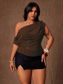 Rustia Plus Size Elegant Polka Dot Asymmetrical Shoulder Ruffle Blouse, Spring/Summer - Coffee Brown - View 3