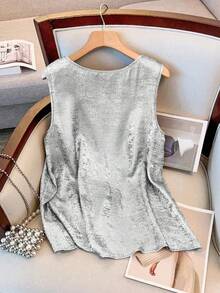GlowEve CURVE Plus Size Sleeveless Twist Knot Metallic Color Summer Shirt - Silver - View 2
