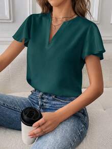 SHEIN Essnce 女士休闲通勤纯色V领荷叶边短袖衬衫 - 水鴨藍 - 查看 3