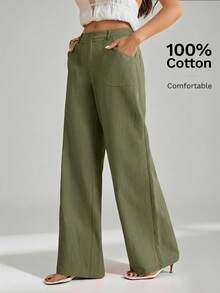 SHEIN Tall 100%水洗棉低腰直筒褲，適合高個女性 - 軍綠色 - 查看 3