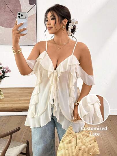 Lounesse Plus Size Women's Ruffle Hem White Long Shirt, Fashionable Casual Romantic Vacation Off-Shoulder Plus Size Spring/Summer Ruffled Blouse White Boho Top Summer Blouses For Women Summer Tops For Women Vacation Summer Casual Tops Spring/Summer Elegant Vacation Top For Women Graduation Top For Women Festival Outfits For Women Womens Tops For Summer Blouse For Women Casual Modern