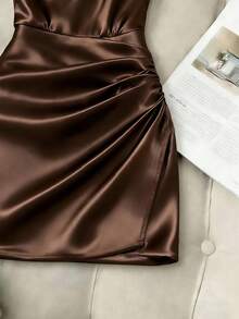 Franclia Đầm nữ màu nâu cà phê thanh lịch, xếp ly, trễ vai, kiểu dáng thường ngày, đầm mùa hè, trang phục mùa xuân, đầm trễ vai, đầm thanh lịch, đầm màu cà phê, đầm màu nâu, chân váy ngắn xếp ly. - Cà phê nâu - Xem 4