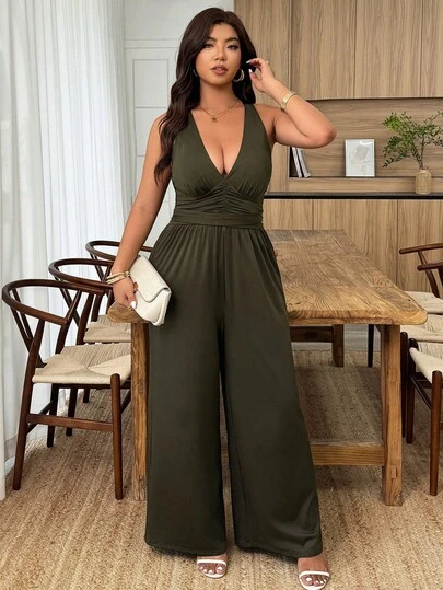 Weeklong Bộ áo liền quần dệt kim không tay cổ chữ V cỡ lớn dành cho nữ, kiểu dáng thường ngày cho mùa xuân và mùa hè.