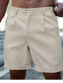 Manfinity Homme Plus Size Men's Solid Color Pleated Pocket Casual Shorts - Khaki - View 6