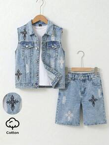 SHEIN Tween Boy Light Blue Denim 2 Pieces Set,Summer Casual Back-To-School Clothes,Cross Pattern Sleeveless Jacket And Loose Shorts,School Streetwear Outfit - Blue - View 1