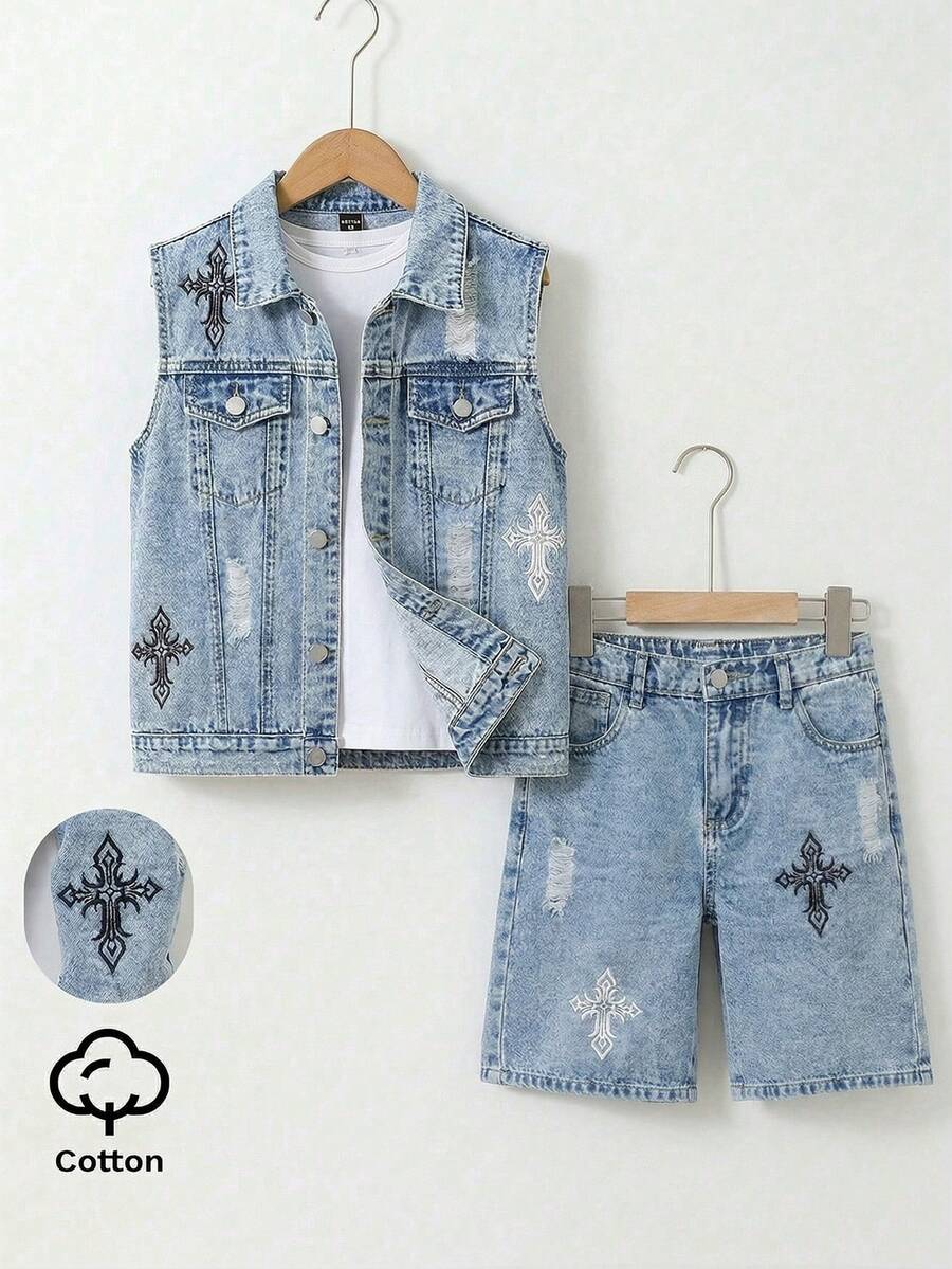 SHEIN Tween Boy Light Blue Denim 2 Pieces Set,Summer Casual Back-To-School Clothes,Cross Pattern Sleeveless Jacket And Loose Shorts,School Streetwear Outfit - Blue - View 1