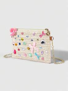 ROMWE Kawaii Handmade Customized Rhinestone Straw Woven Messenger Bag, Flower Bow Decorative Chain Bag, Summer Vacation Style Niche Shoulder Bag (Rhinestone Style Random Location Random) - Multicolor - View 2